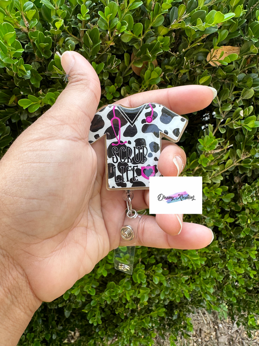 Scrub life cow print badge reel