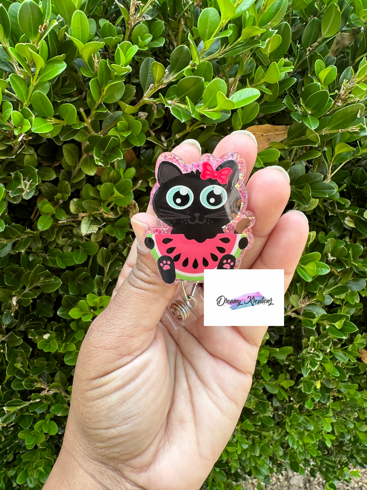 Watermelon kitten badge reel