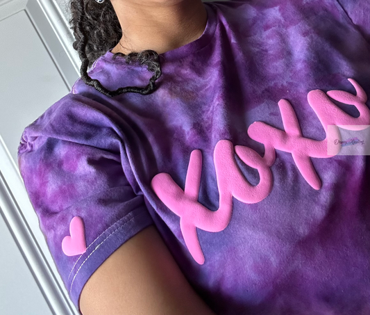 Purple Tye dye xoxo puff design